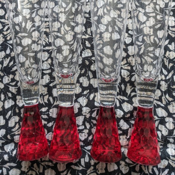 4 Like-New Champagne Cocktail Tall Red Footed Sling Pilsner Beer Wine Glasses - Picture 2 of 6